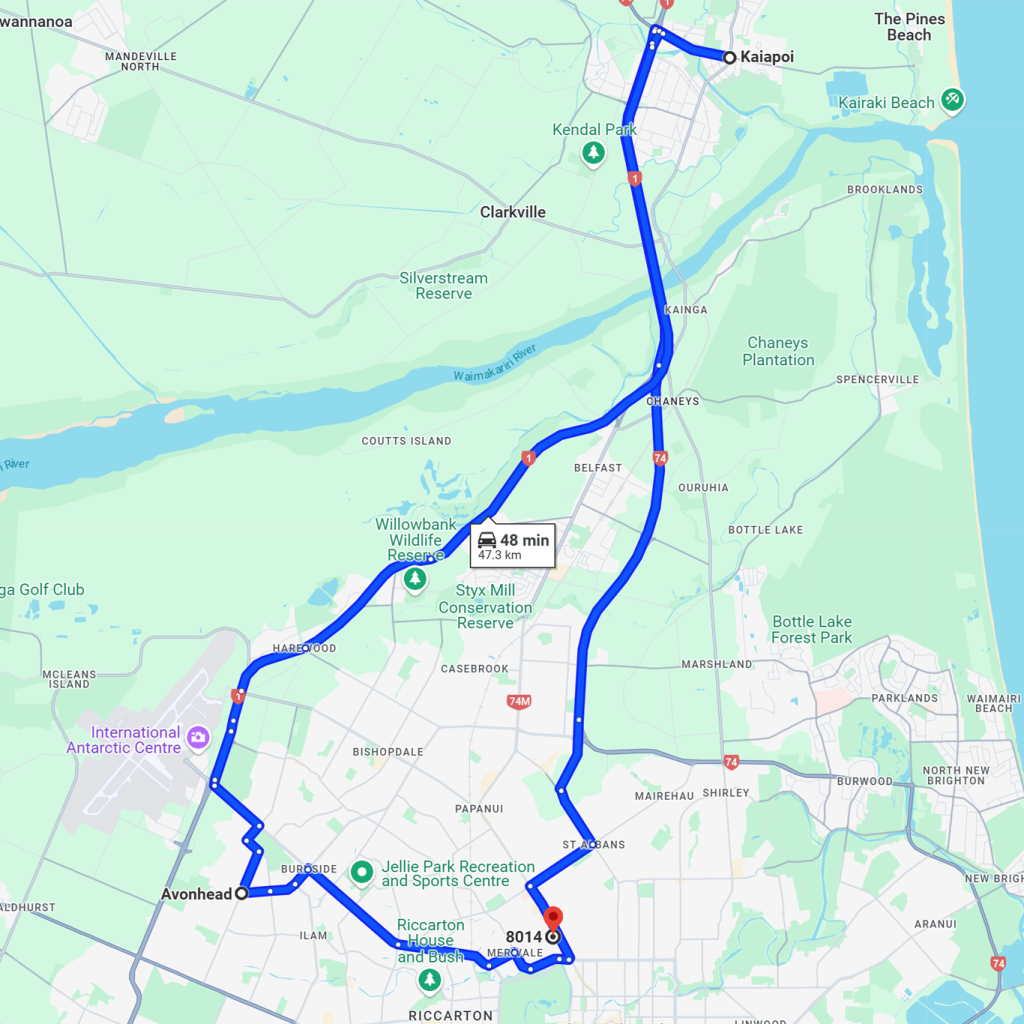 image of map with route example, google map, christchurch, new zealand, kaiapoi