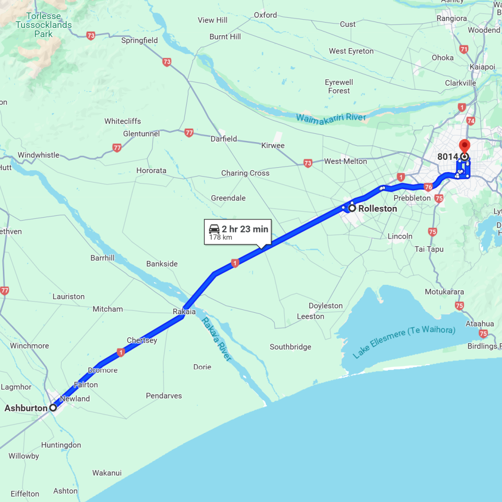 image of map with route example, google map, Christchurch, New Zealand, Ashburton, Rolleston