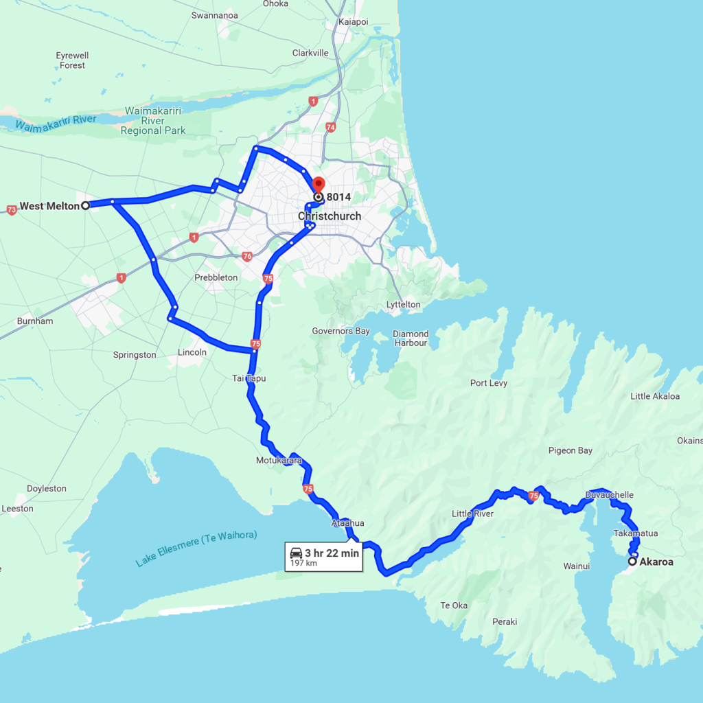 image of map with route example, google map, Christchurch, New Zealand, map, Akaroa, Banks Peninsula